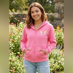 Comfort Lane Boutique Pink Butterfly Zip-Up Hoodie Jacket Size Large